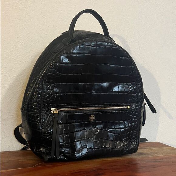 Tory Burch Handbags - Tory Burch Croc Embossed Black Leather Mini Backpack Purse Gold Logo Casual Luxe